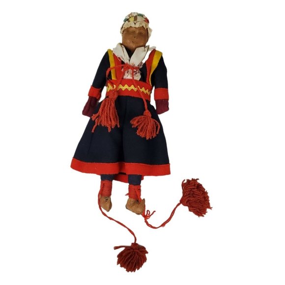 Vintage Handmade Composition 12" Doll Ethnic Woman Blue Red Dress Bonnet Cloth